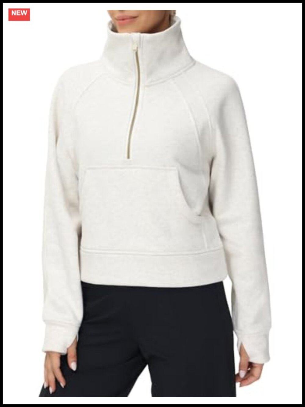 Women's Half Zip Fleece Lined Crop Sweatshirt Kangaroo Pocket Thumb Holes